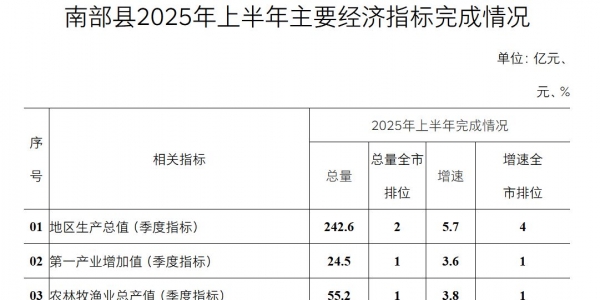 南部县2025年上半年主要经济指标完成情况